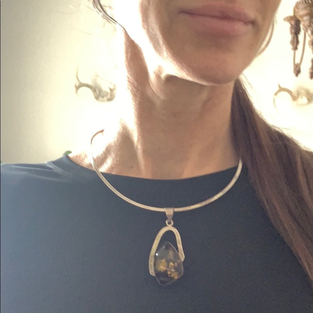 Green Amber and Sterling Pendant